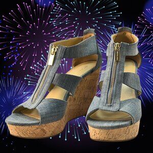 Michael Kors Blue Cork Wedge Sandal Platform Zip Back Washed Denim Size 9.5M